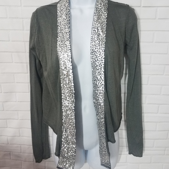 Green Tie Front White Sequin Linen/ Silk Sweater - Picture 5 of 11